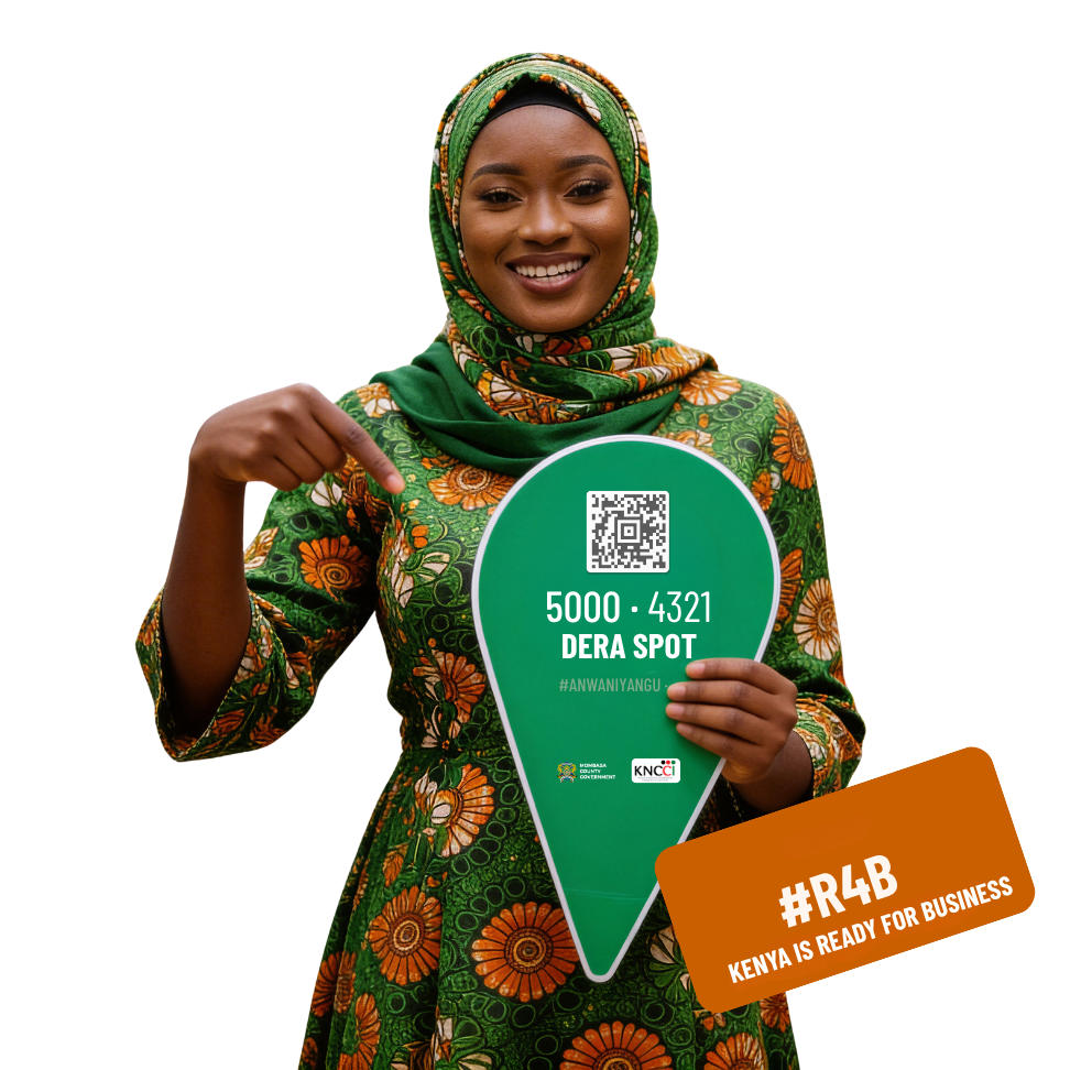 Kenyan business owner holding her Anwani pin